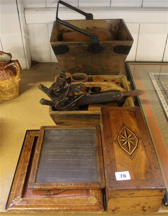 Treen basket, tray, hat stay, a box leather dice shakers and a photo frame etc